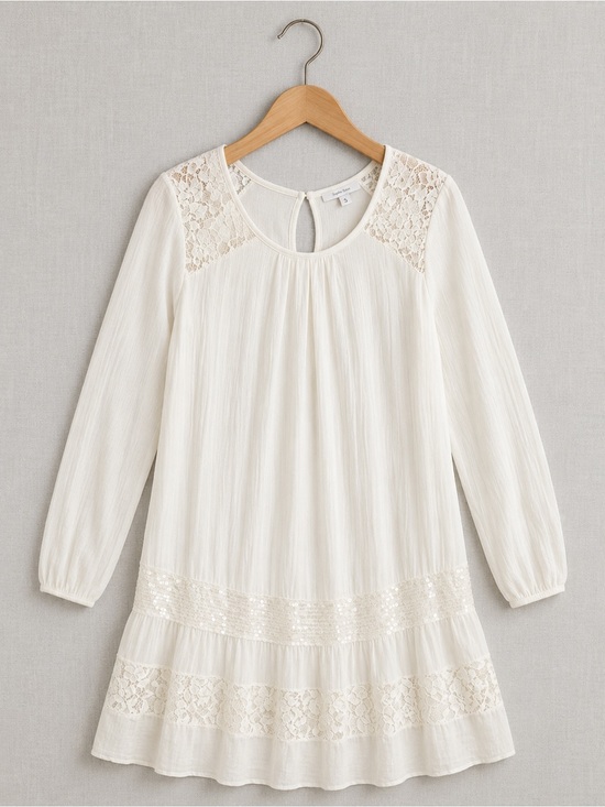 LINE Italy Dresses & Skirts - LINE Italy Romantic White Lace & Silk Pleated Midi Dress - Long Sleeve